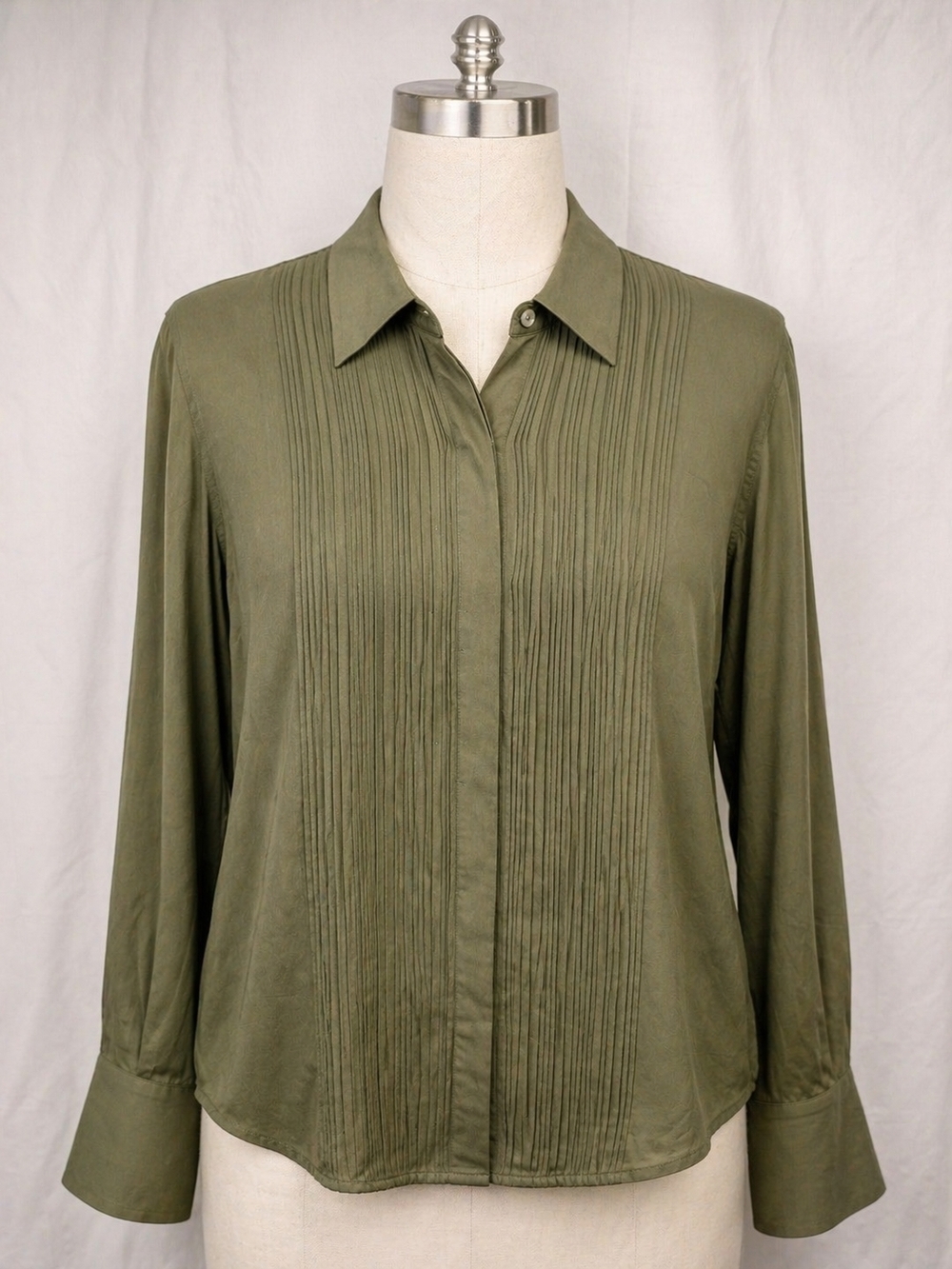 Brooks Brothers Silk Blouse Olive Green Pleated Gold Cuff Luxury Size 14
